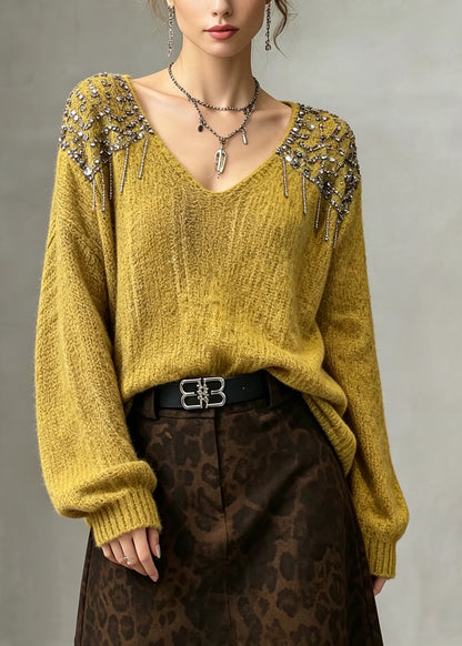 Classy Yellow V Neck Nail Bead Sequins Thick Knit Pullover Fall