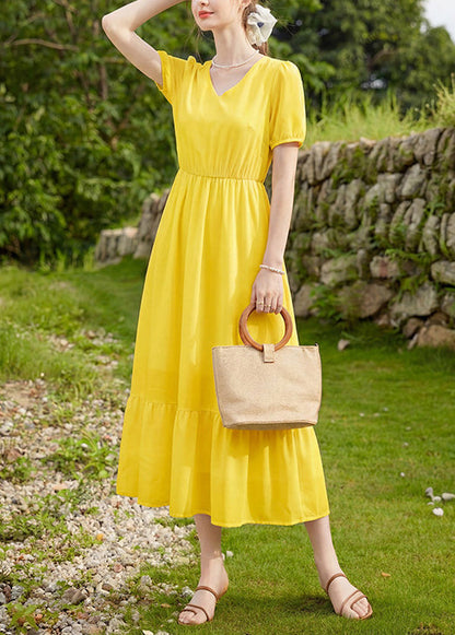 Classy Yellow V Neck Patchwork Chiffon Long Dress Summer