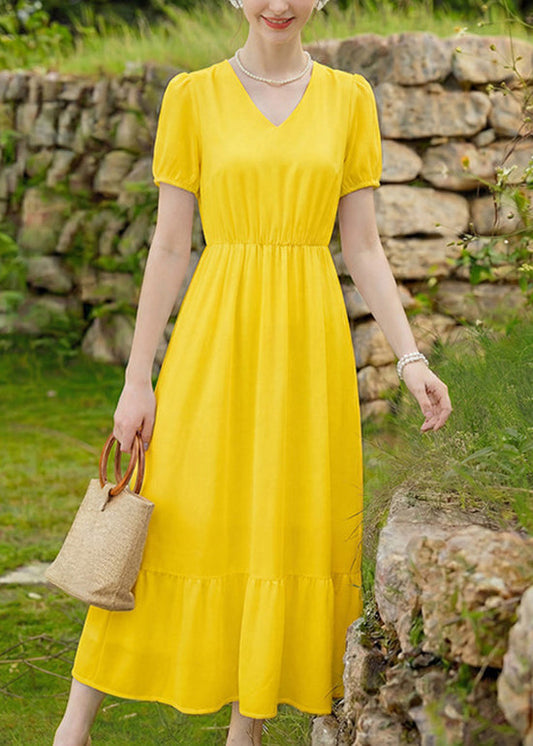Classy Yellow V Neck Patchwork Chiffon Long Dress Summer