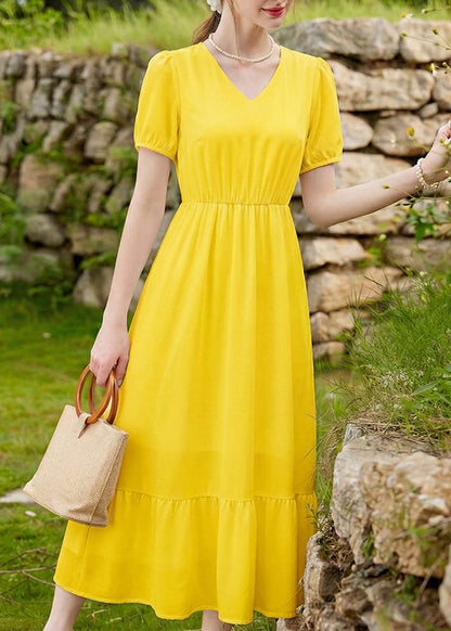 Classy Yellow V Neck Patchwork Chiffon Long Dress Summer
