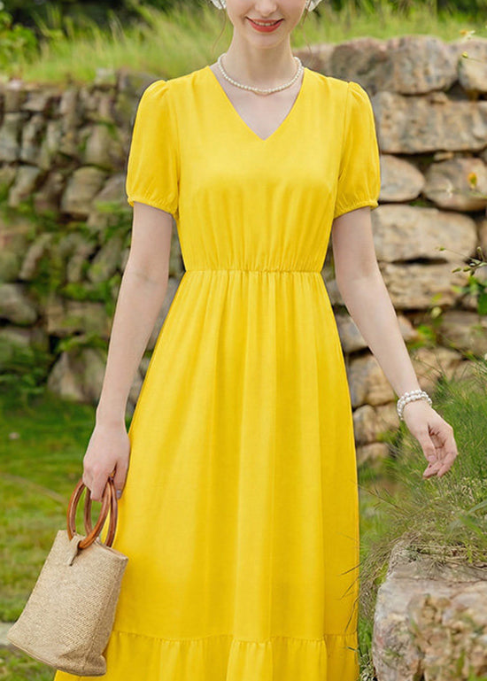 Classy Yellow V Neck Patchwork Chiffon Long Dress Summer