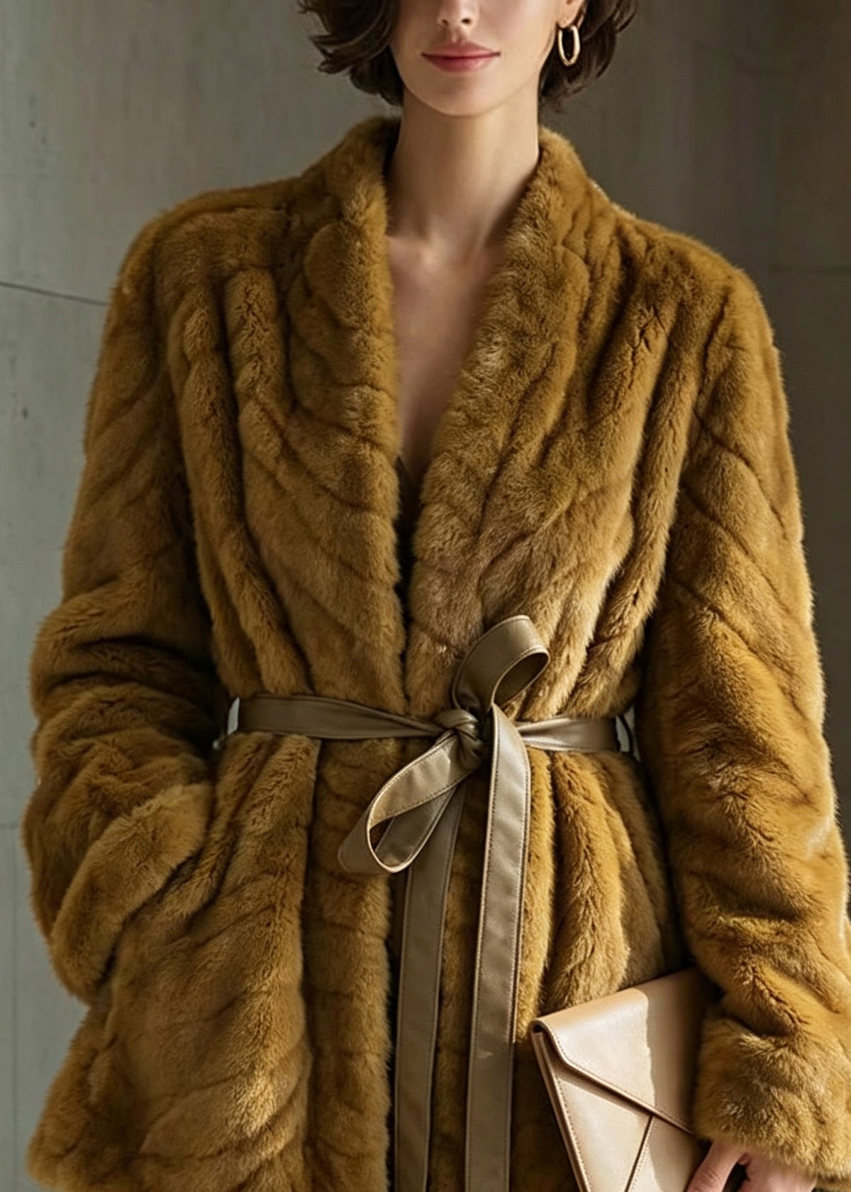 Classy Yellow V Neck Pockets Lace Up Faux Fur Coat Winter