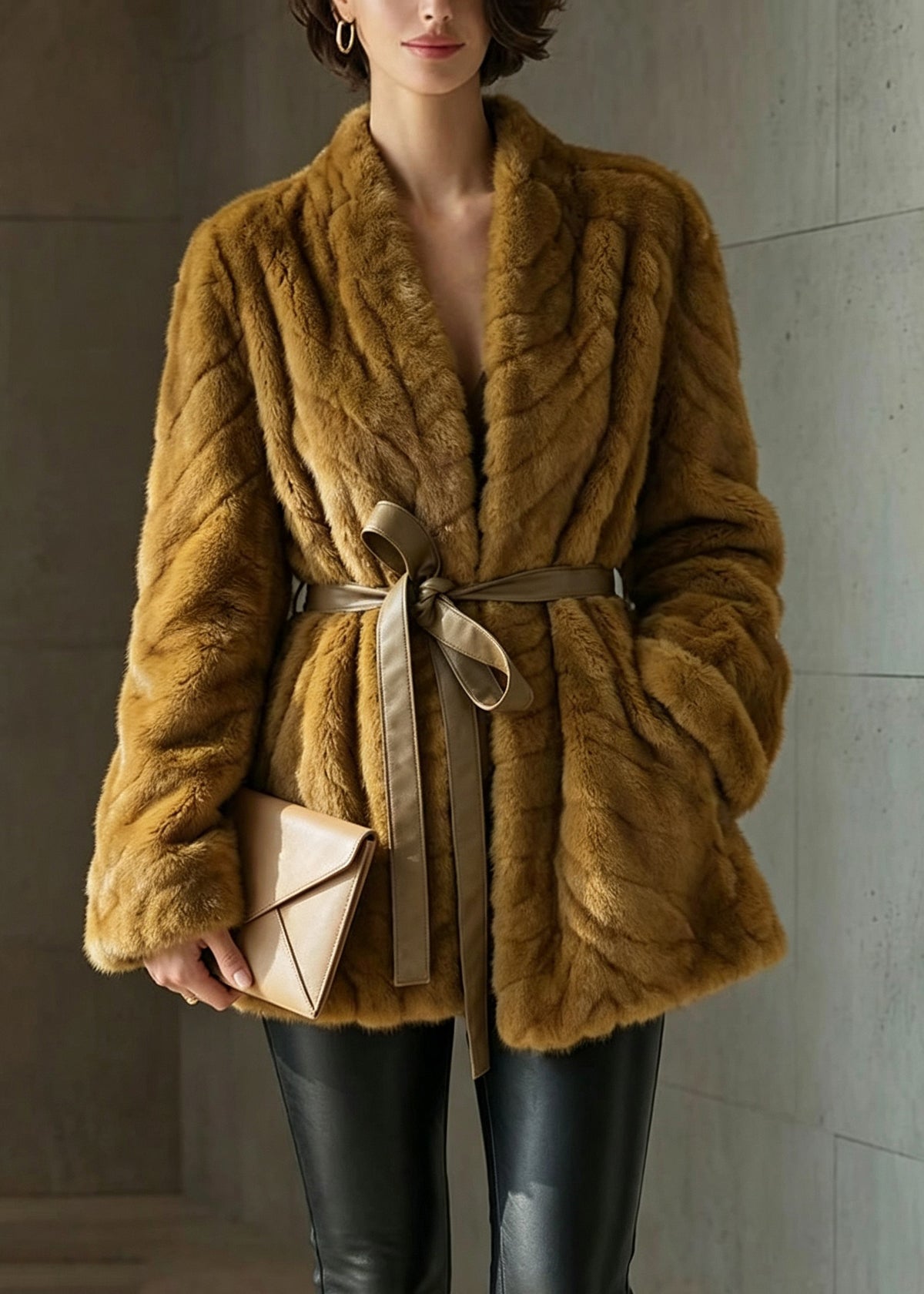 Classy Yellow V Neck Pockets Lace Up Faux Fur Coat Winter