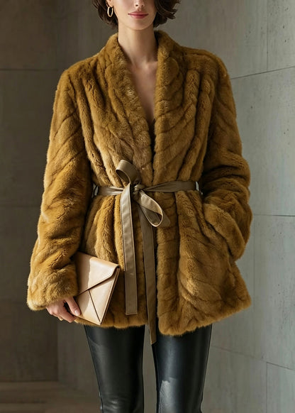 Classy Yellow V Neck Pockets Lace Up Faux Fur Coat Winter