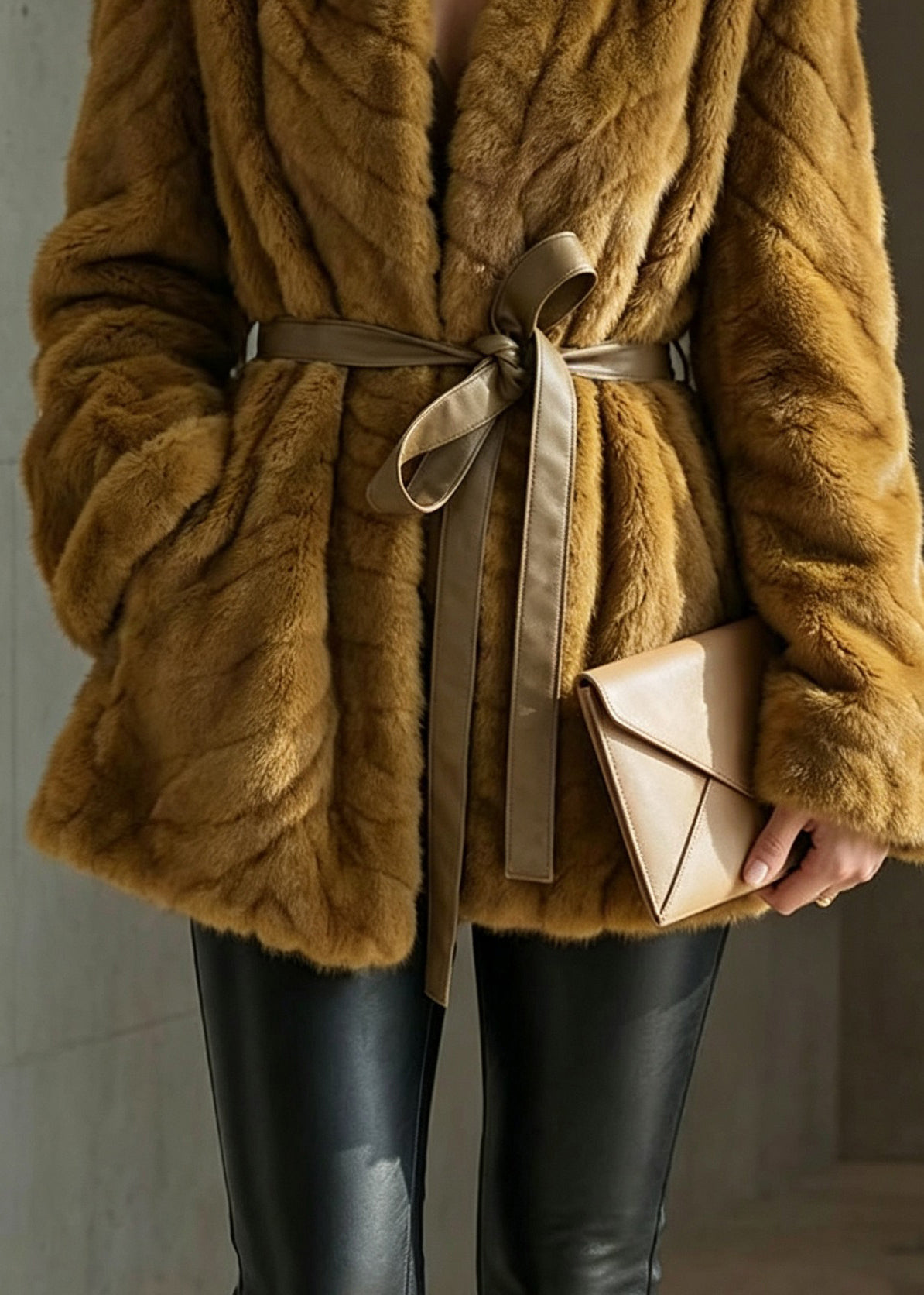 Classy Yellow V Neck Pockets Lace Up Faux Fur Coat Winter