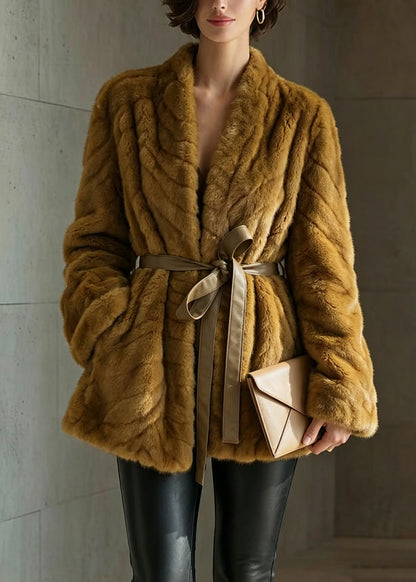 Classy Yellow V Neck Pockets Lace Up Faux Fur Coat Winter