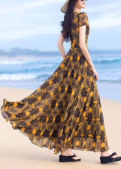 Classy Yellow V Neck Print Wrinkled Chiffon Dress Summer