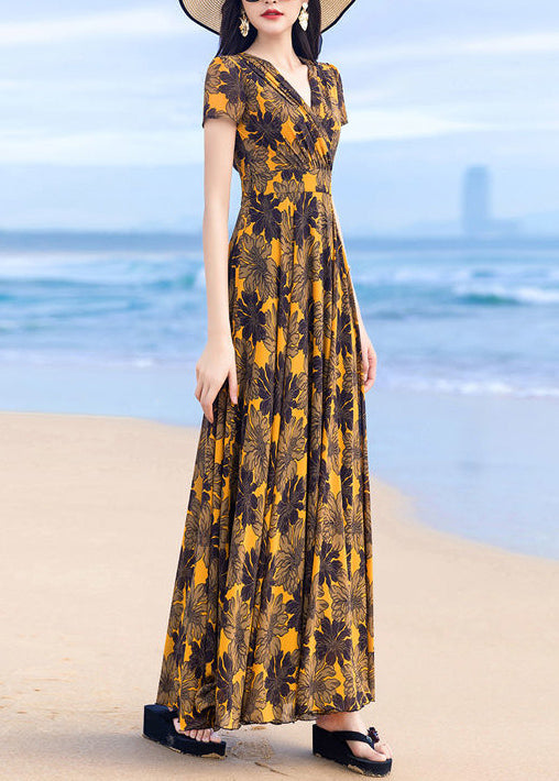 Classy Yellow V Neck Print Wrinkled Chiffon Dress Summer