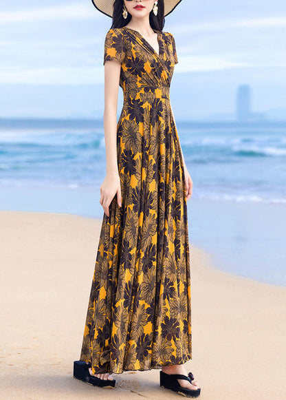 Classy Yellow V Neck Print Wrinkled Chiffon Dress Summer