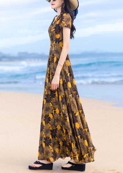 Classy Yellow V Neck Print Wrinkled Chiffon Dress Summer