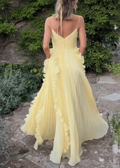 Classy Yellow V Neck Ruffled High Waist Chiffon Spaghetti Strap Dress Sleeveless