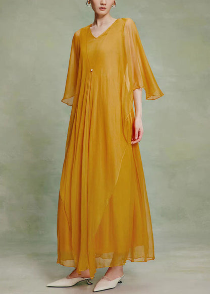 Classy Yellow V Neck Shawl Maxi Dress Fall