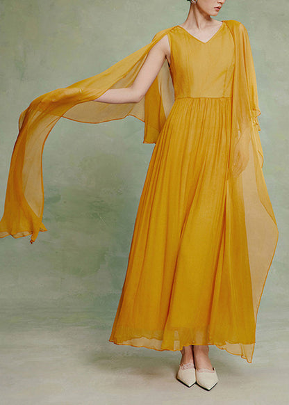 Classy Yellow V Neck Shawl Maxi Dress Fall