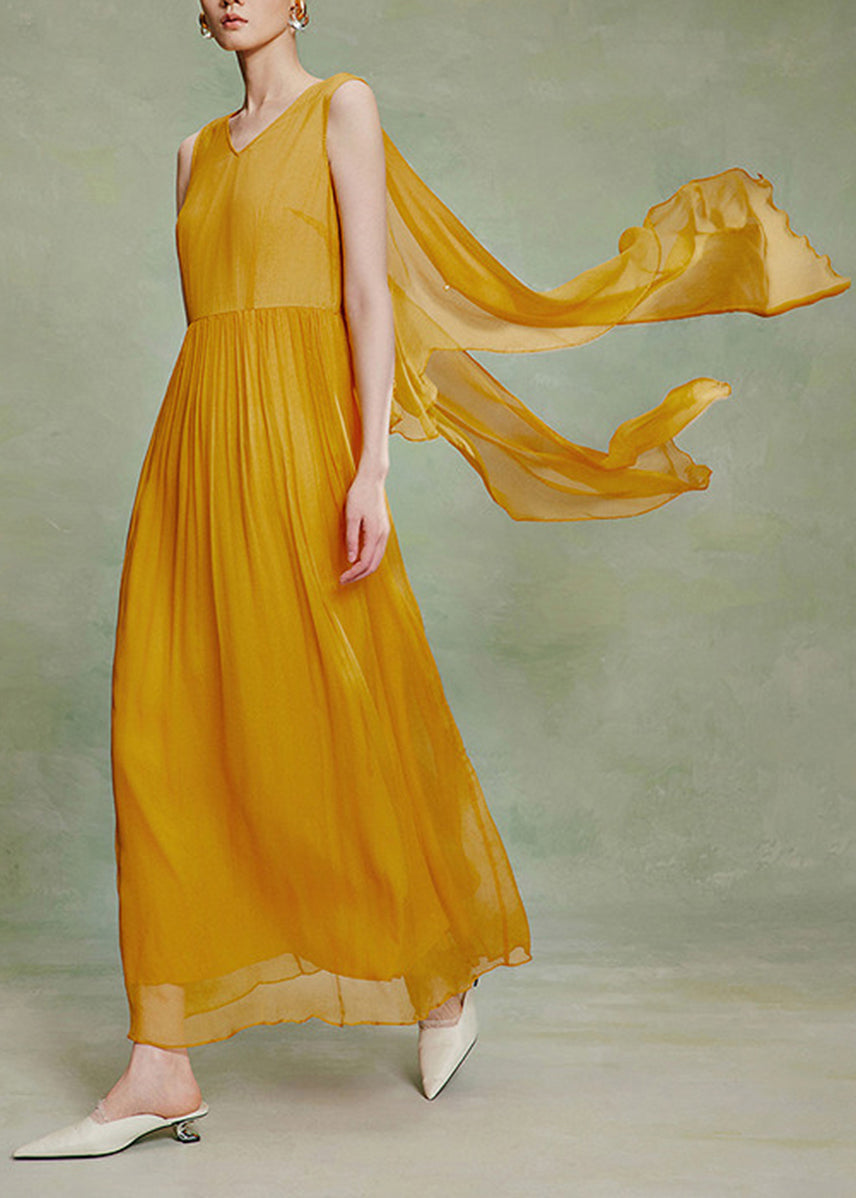 Classy Yellow V Neck Shawl Maxi Dress Fall