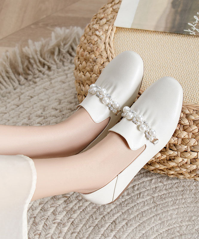 Classy Zircon Pearl Splicing Flat Shoes Beige Cowhide Leather