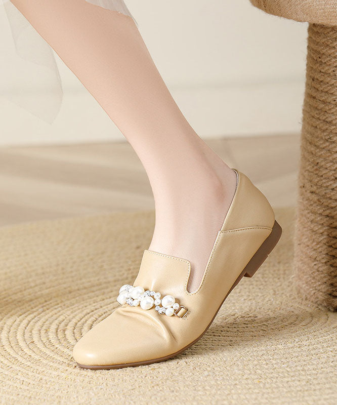 Classy Zircon Pearl Splicing Flat Shoes Beige Cowhide Leather
