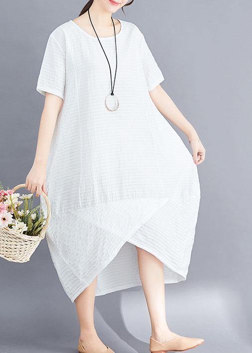 Classy asymmetric patchwork cotton tunic top pattern white o neck long Dresses summer - SooLinen
