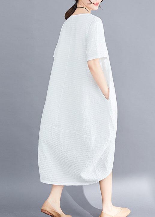 Classy asymmetric patchwork cotton tunic top pattern white o neck long Dresses summer - SooLinen