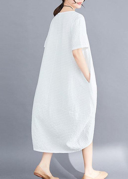 Classy asymmetric patchwork cotton tunic top pattern white o neck long Dresses summer - SooLinen