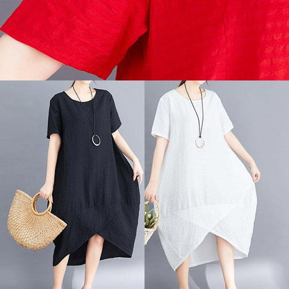 Classy asymmetric patchwork cotton tunic top pattern white o neck long Dresses summer - SooLinen