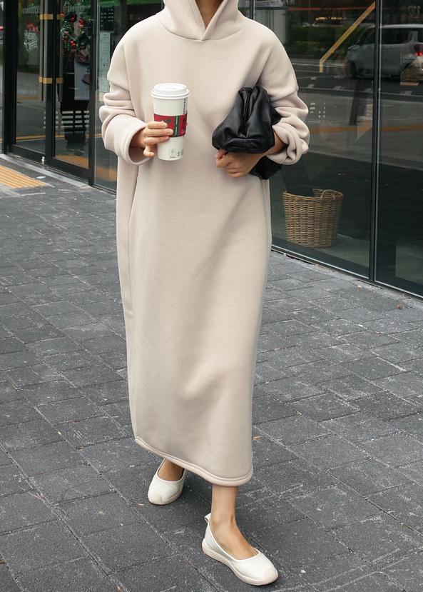 Classy beige cotton clothes For Women hooded Batwing Sleeve Maxi Dresses - SooLinen