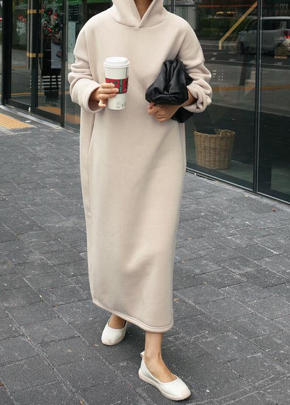 Classy beige cotton clothes For Women hooded Batwing Sleeve Maxi Dresses - SooLinen
