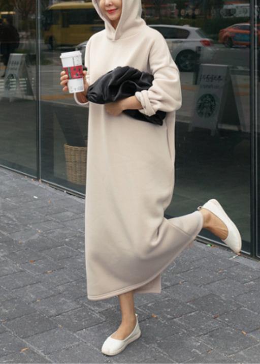 Classy beige cotton clothes For Women hooded Batwing Sleeve Maxi Dresses - SooLinen