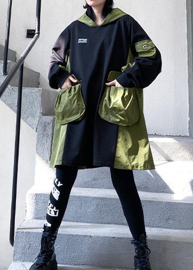 Classy black Cotton Tunics big pockets short patchwork Dresses - SooLinen