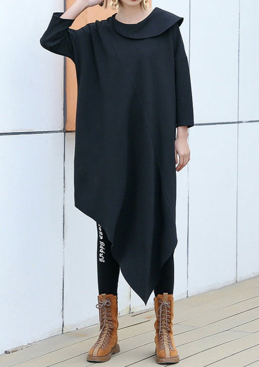 Classy Black Cotton Blend Clothes For Women Korea Runway O Neck Asymmetric Art Dress
