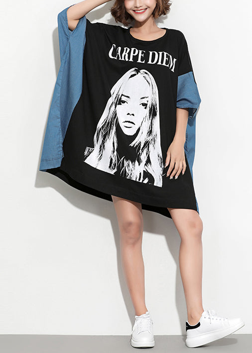 Classy black Cotton tunic dress Vintage Photography patchwork batwing sleeve Summer Dress