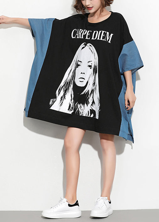 Classy black Cotton tunic dress Vintage Photography patchwork batwing sleeve Summer Dress