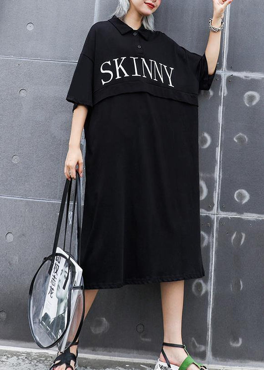Classy black cotton outfit lapel back side open cotton robes summer Dress - SooLinen
