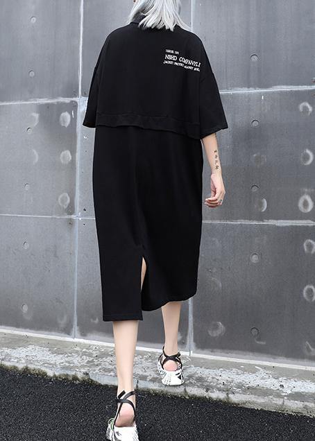 Classy black cotton outfit lapel back side open cotton robes summer Dress - SooLinen