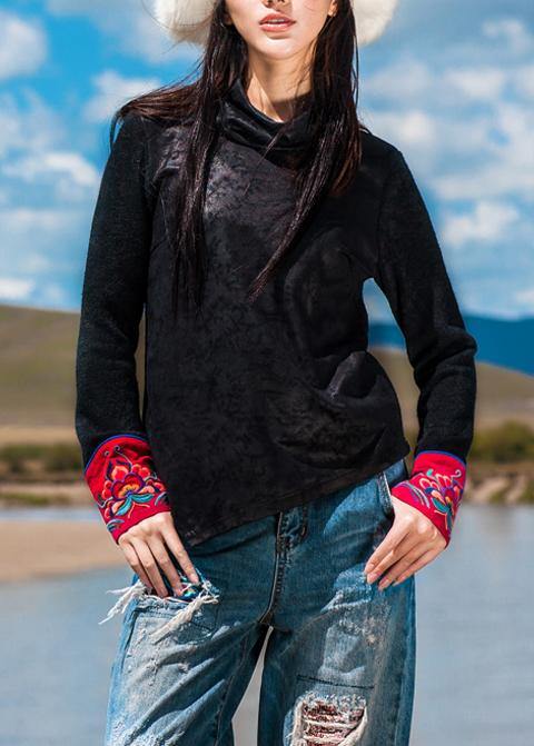 Classy black cotton tunic top asymmetric Dresses patchwork sleeve blouses - SooLinen