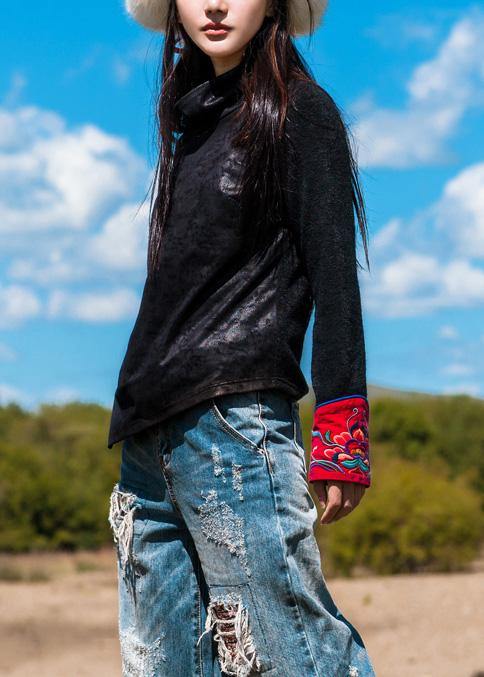 Classy black cotton tunic top asymmetric Dresses patchwork sleeve blouses - SooLinen