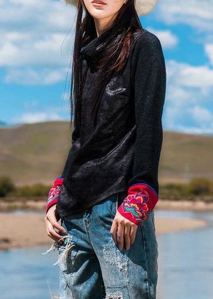 Classy black cotton tunic top asymmetric Dresses patchwork sleeve blouses - SooLinen