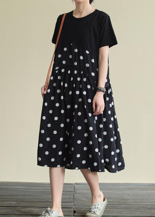 Classy black dotted Cotton clothes o neck patchwork A Line Dress - SooLinen