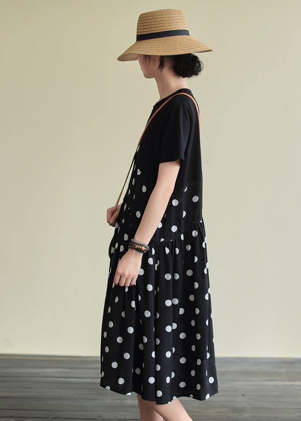 Classy black dotted Cotton clothes o neck patchwork A Line Dress - SooLinen