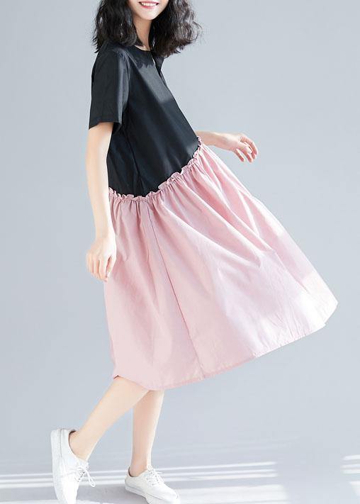 Classy black patchwork pink cotton tunic dress v neck long summer Dress - SooLinen