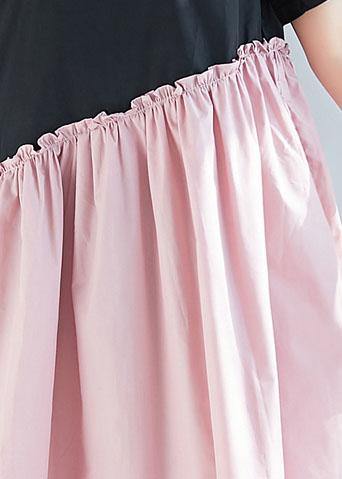 Classy black patchwork pink cotton tunic dress v neck long summer Dress - SooLinen