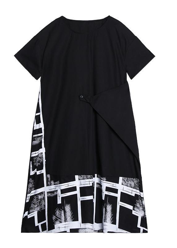 Classy black print clothes For Women o neck asymmetric Robe summer Dress - SooLinen