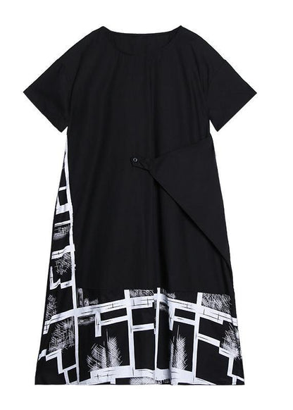 Classy black print clothes For Women o neck asymmetric Robe summer Dress - SooLinen