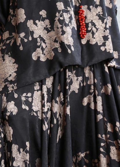 Classy black print dress o neck false two pieces Maxi Dress - SooLinen