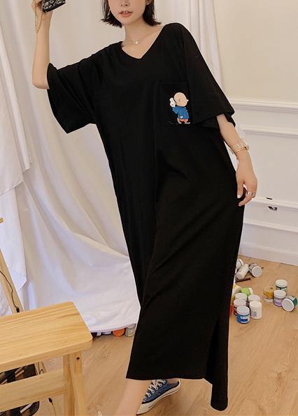 Classy black side open cotton dresses v neck Maxi summer Dresses - SooLinen