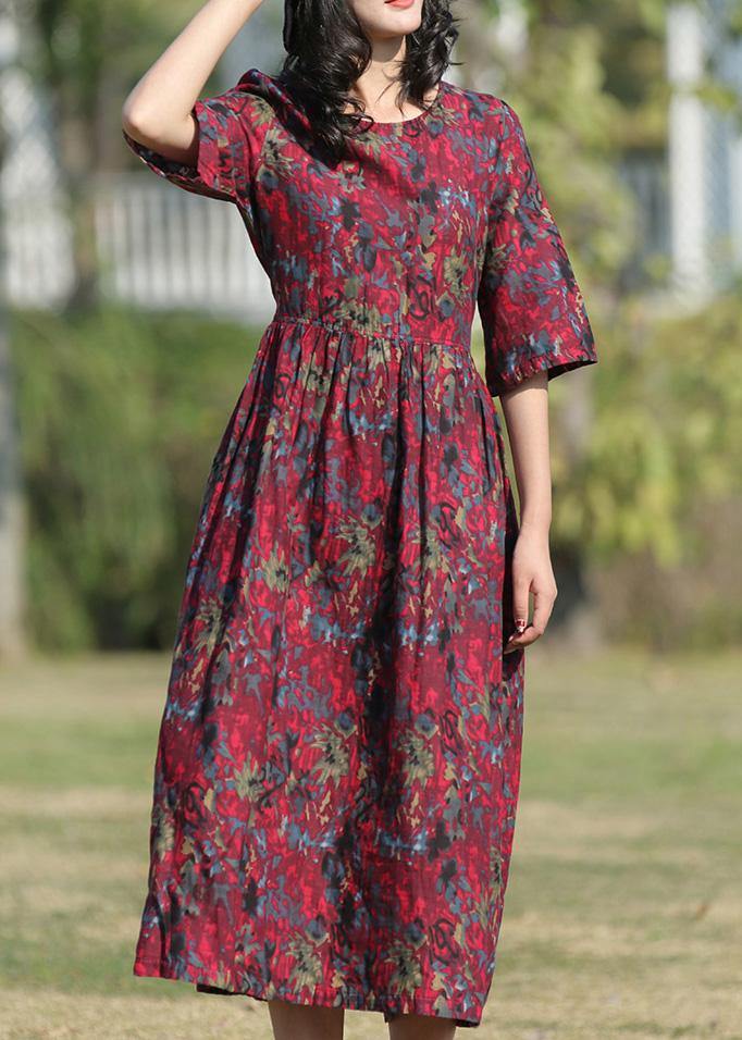 Classy burgundy prints linen Wardrobes o neck long summer Dress - SooLinen