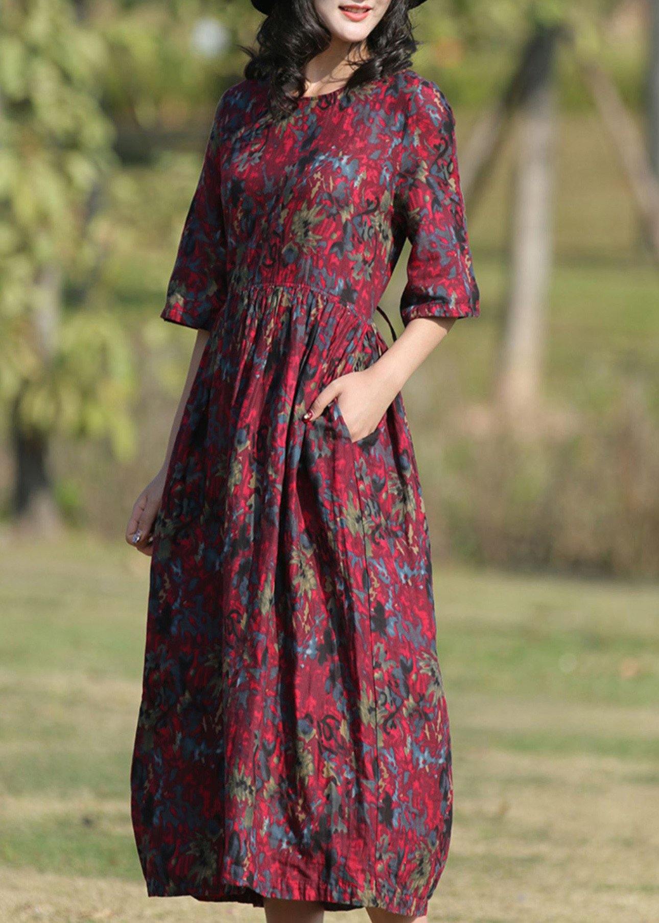 Classy burgundy prints linen Wardrobes o neck long summer Dress - SooLinen