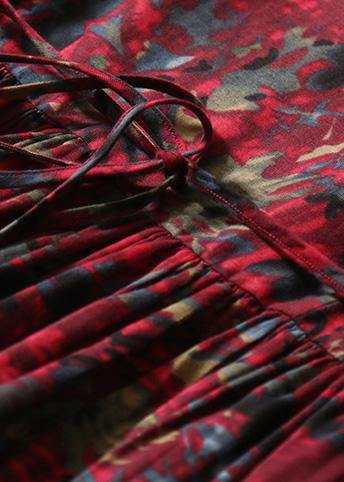 Classy burgundy prints linen Wardrobes o neck long summer Dress - SooLinen