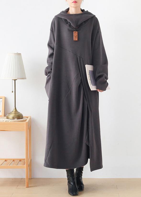 Classy dark gray Tunic hooded asymmetric long Dresses - SooLinen