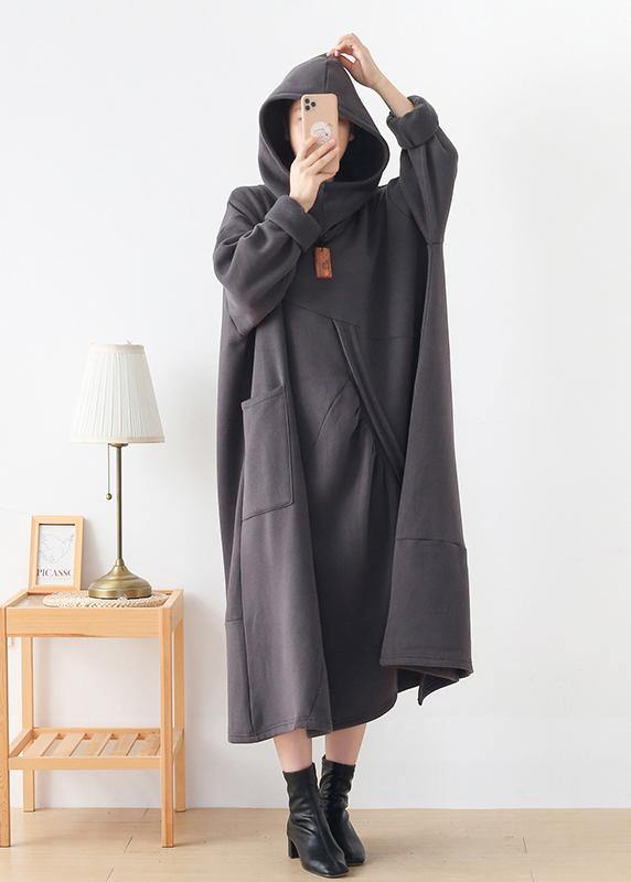 Classy dark gray Tunic hooded asymmetric long Dresses - SooLinen