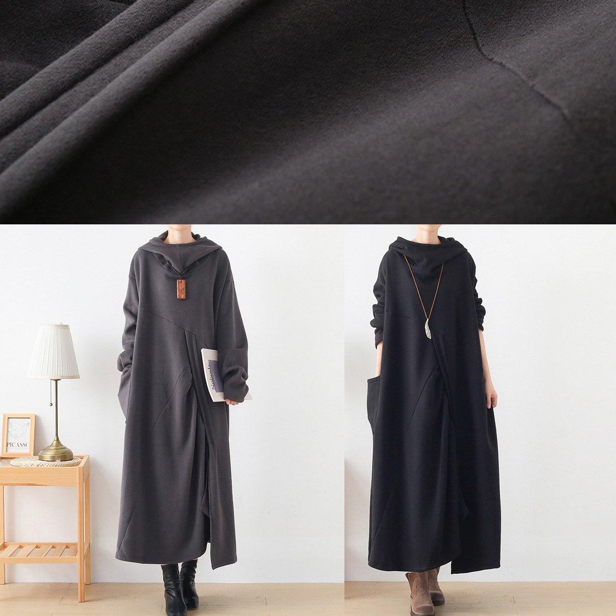 Classy dark gray Tunic hooded asymmetric long Dresses - SooLinen